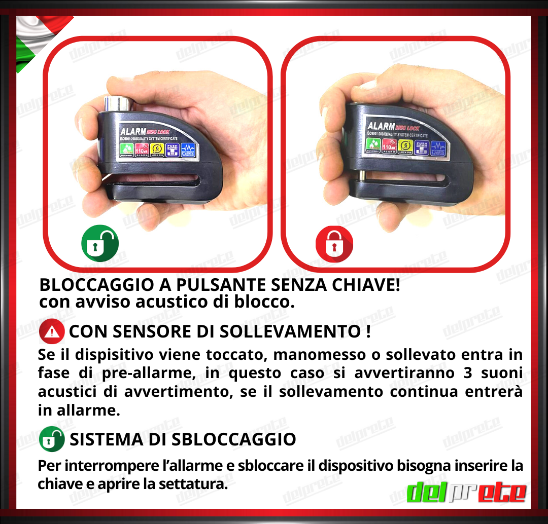 BLOCCADISCO CON ALLARME MOTO SCOOTER 110 DECIBEL ANTI SOLLEVAMENTO