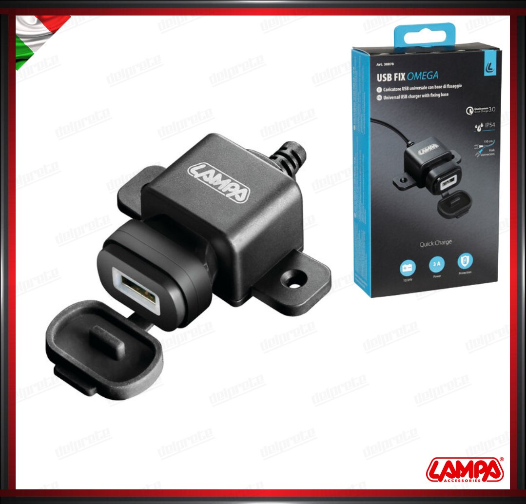 USB FIX OMEGA LAMPA CARICATORE USB MOTO FISSAGGIO CON VITI - 3000 MA 12/24V