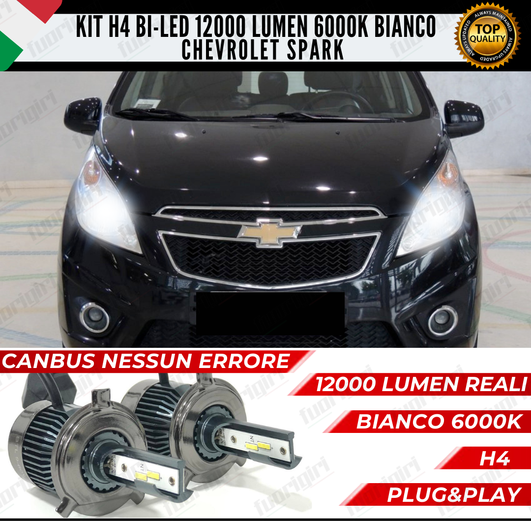 KIT LED H4 CHEVROLET SPARK 6000K BIANCO CANBUS 12000 LUMEN BI-LED ANABB+ABB NESSUN ERRORE