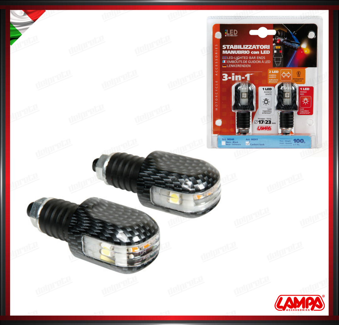 FRECCE STABILIZZATORI MANUBRIO CARBON LOOK CON LED ROSSO BIANCO E AMBRA OMOLOGATO - 12V UNIVERSALI
