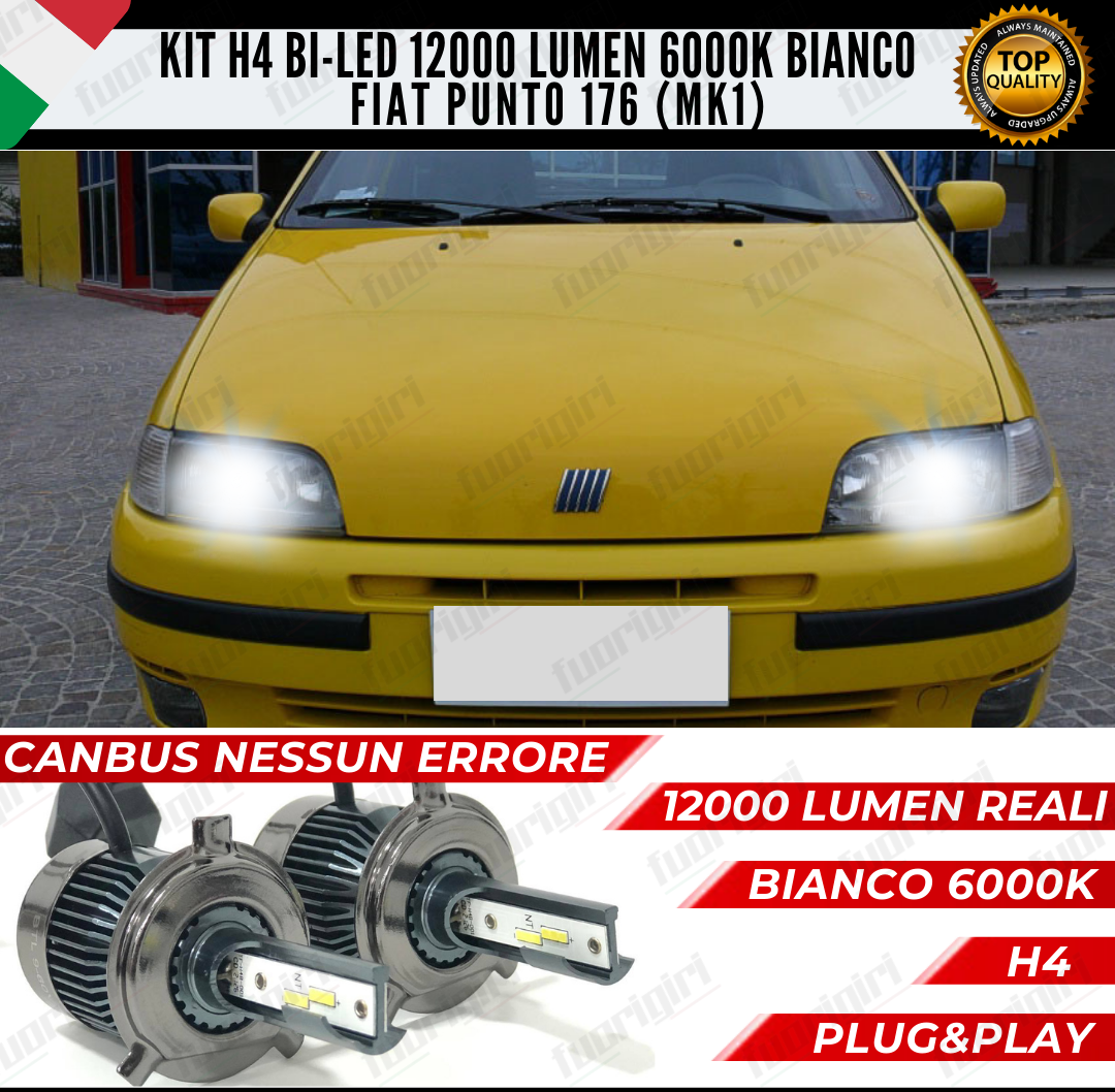 KIT LED H4 FIAT PUNTO 176 MK1 6000K BIANCO CANBUS 12000 LUMEN BI-LED NO ERRORE (parabola singola)