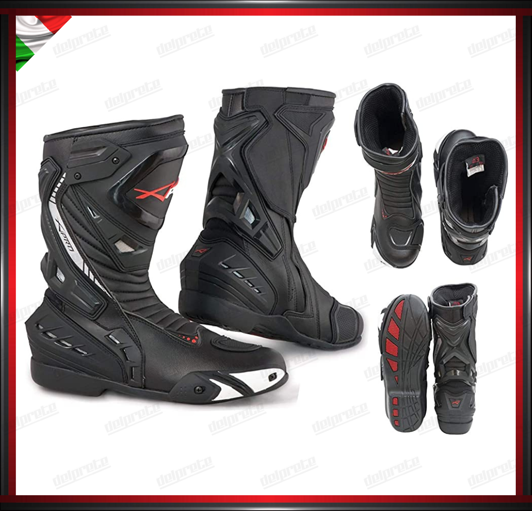 STIVALE MOTO TECNICO DA PISTA NERO IN MICROFIBRA CON ZIP LATERALE PROTEZIONE TIBIA TALLONE CAVIGLIA