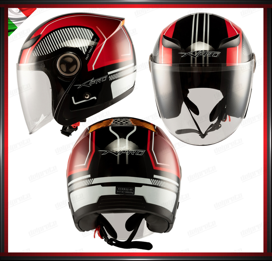 CASCO JET CITY MOTO SCOOTER CON VISIERA ROSSO GRAFICA OMOLOGATO ECE 22-05