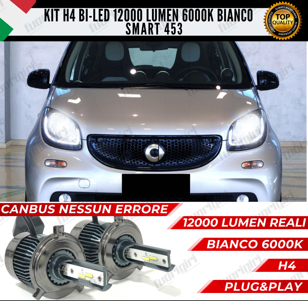 KIT LED H4 SMART FORFOUR 453 6000K BIANCO CANBUS 12000 LUMEN BI-LED NO ERRORE
