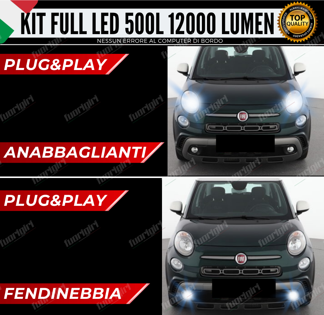 KIT FARI LED 12000L H11 E H7 PER FIAT 500L ANABBAGLIANTI E FENDINEBBIA NO ERRORE