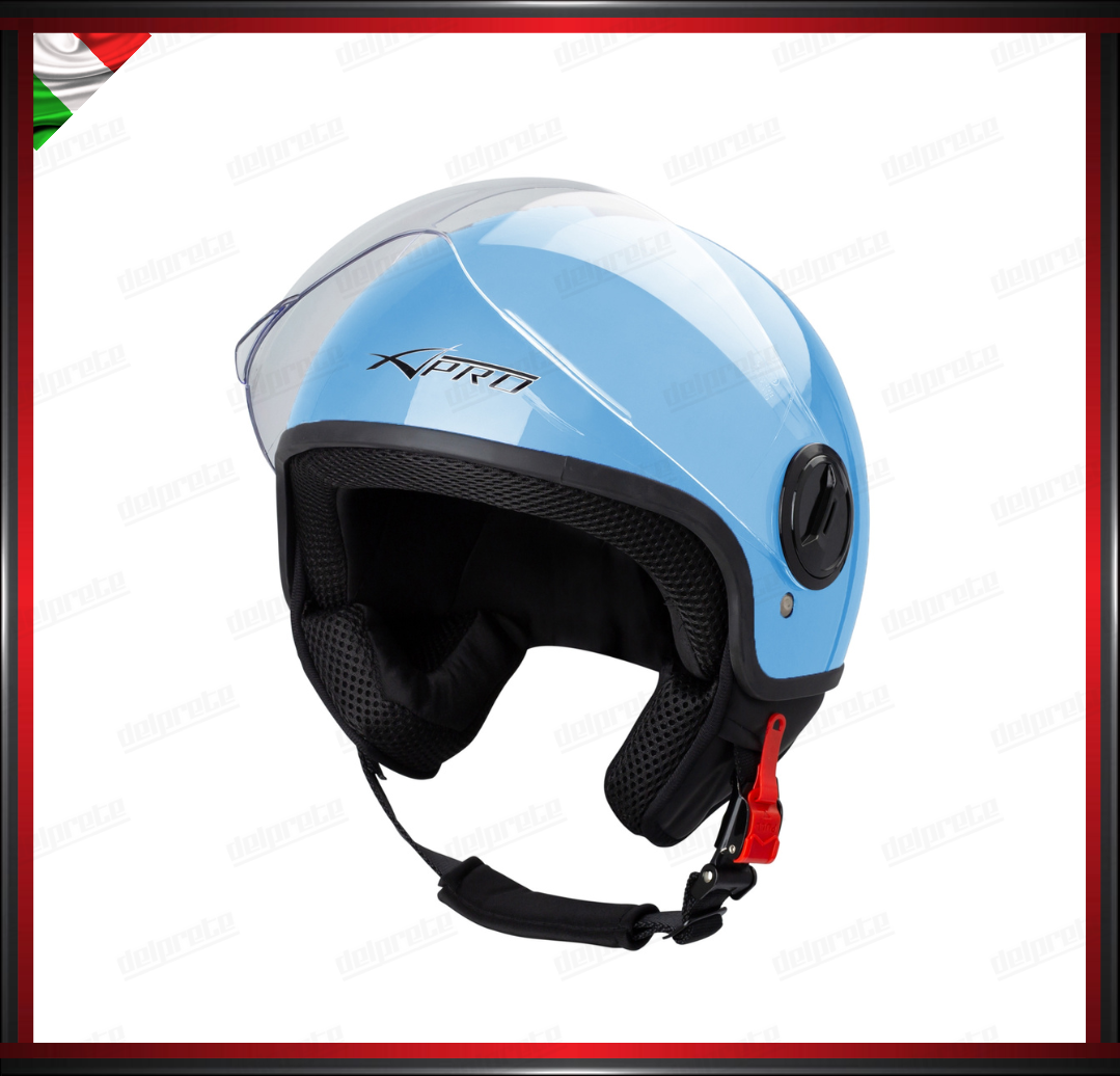 CASCO JET CITY MOTO SCOOTER AZZURRO VISIERA SAGOMATA OMOLOGATO ECE 22-05