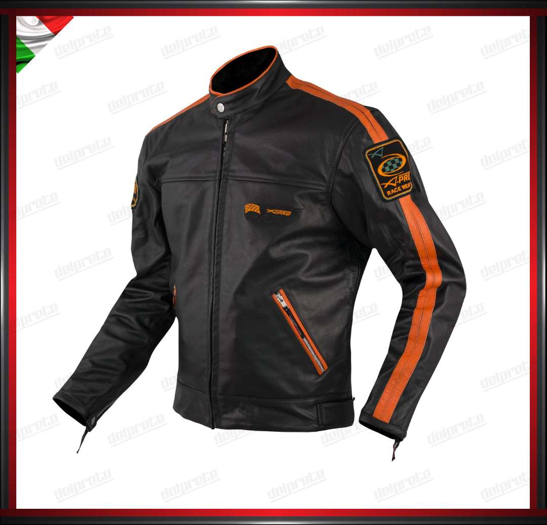 GIACCA IN VERA PELLE VINTAGE ARANCIONE CON RINFORZO SCHIENA PROTEZIONI OMOLOGATE