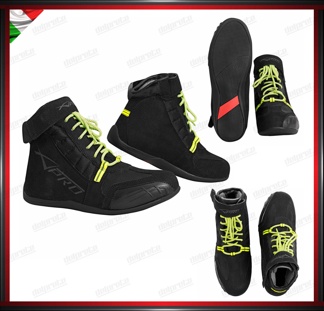 STIVALETTO BASSO MOTO IN TESSUTO CON LACCI FLUO IMPERMEABILE TRASPIRANTE OMOLOGATO CE