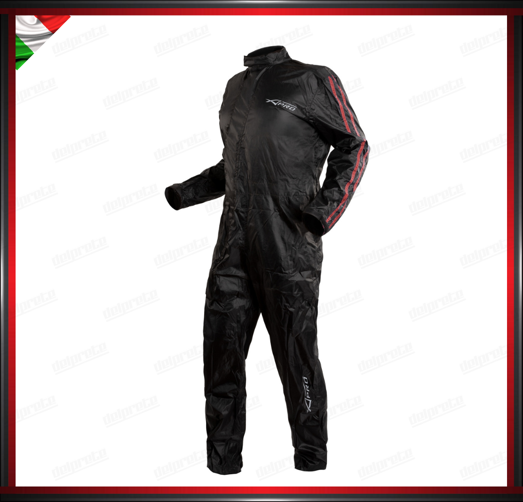 TUTA MOTO ANTIPIOGGIA INTEGRALE INSERTI ROSSO RIFLETTENTI 100% IMPEREMABILE ANTIACQUA
