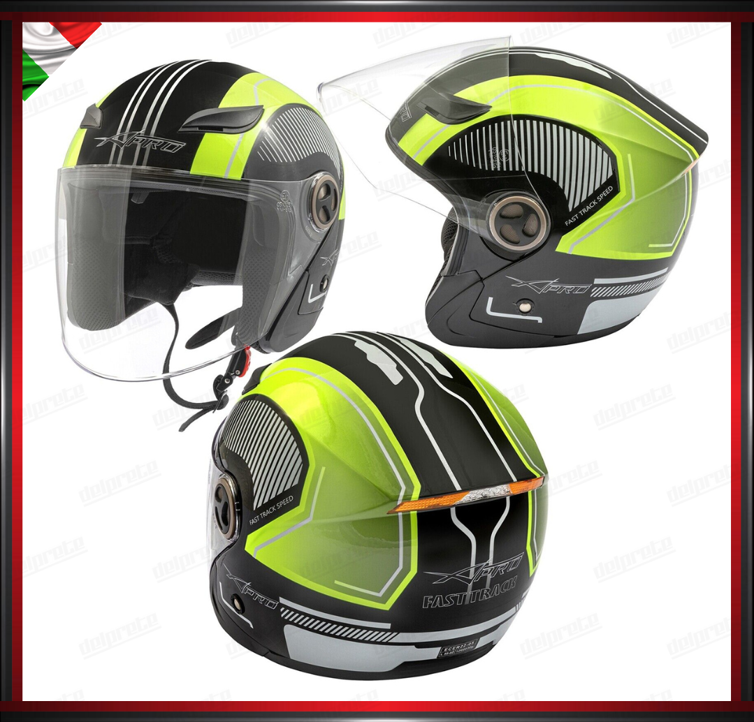CASCO JET CITY MOTO SCOOTER CON VISIERA FLUO GRAFICA OMOLOGATO ECE 22-05