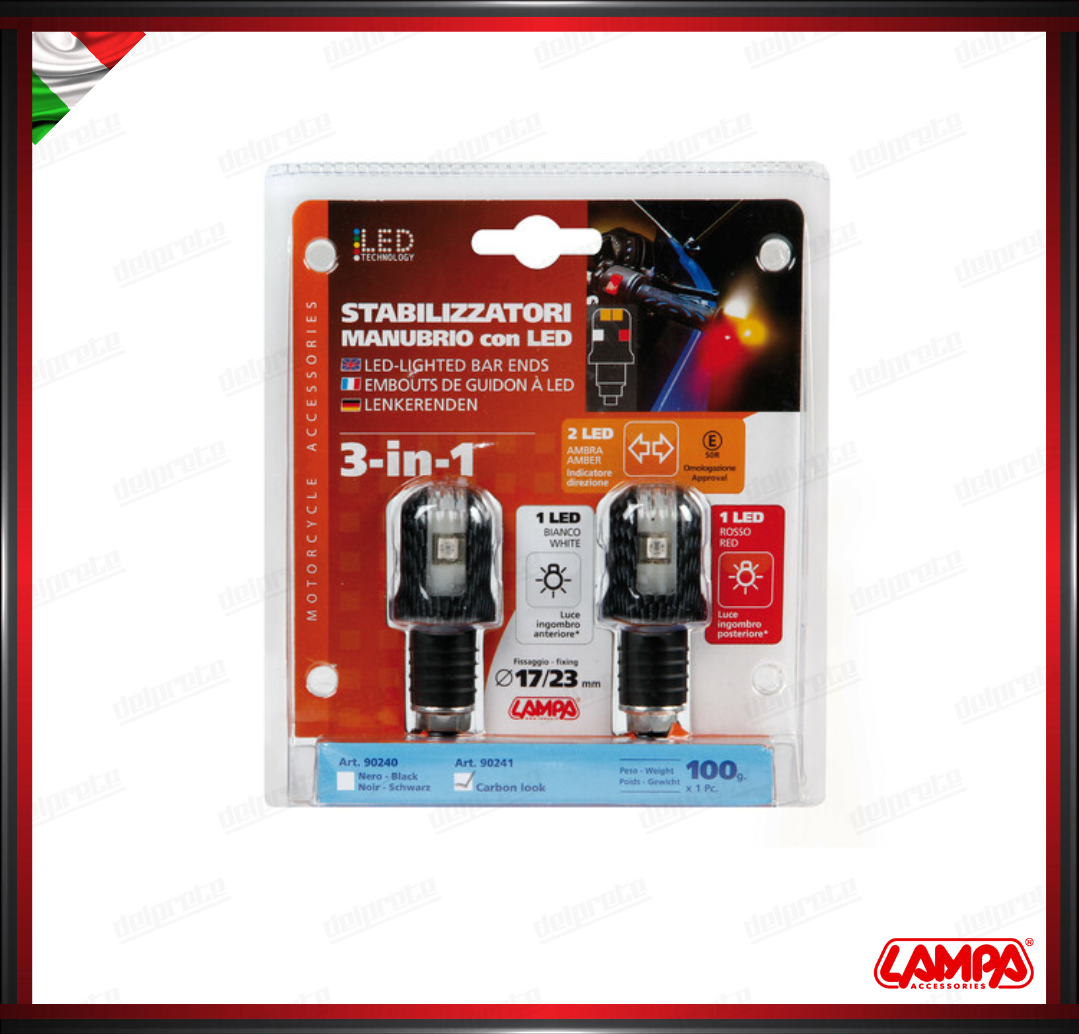 FRECCE STABILIZZATORI MANUBRIO CARBON LOOK CON LED ROSSO BIANCO E AMBRA OMOLOGATO - 12V UNIVERSALI