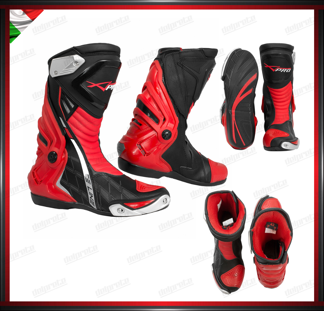STIVALI MOTO NERO ROSSO TOURING ENDURO CERTIFICATO CE PROTEZIONI OMOLOGATE TIBIA TALLONE CAVIGLIA