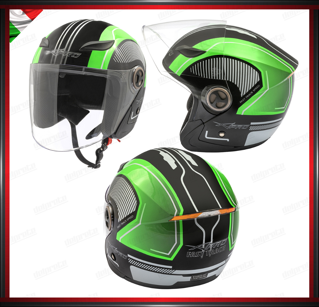 CASCO JET CITY MOTO SCOOTER CON VISIERA VERDE GRAFICA OMOLOGATO ECE 22-05