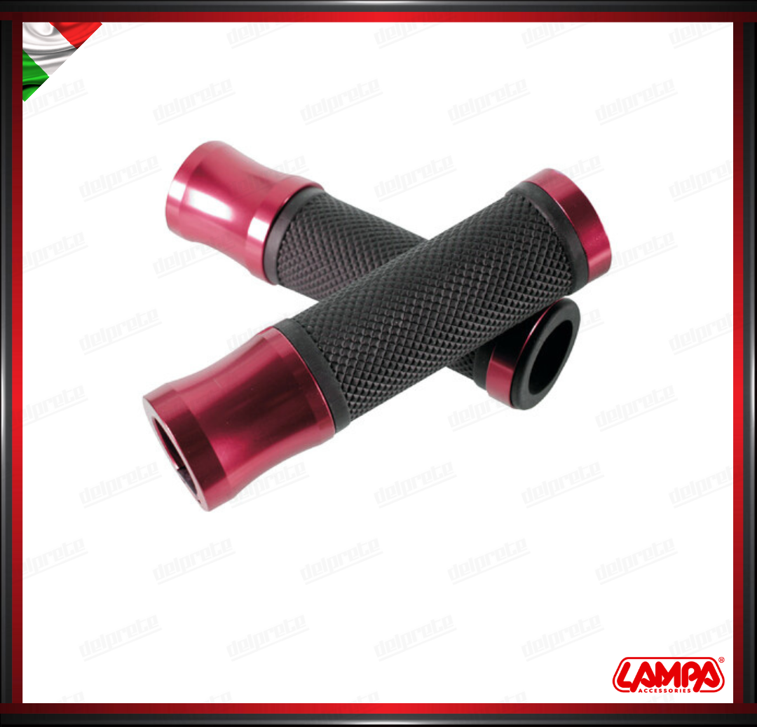METAL GRIPS COPPIA MANOPOLE MOTO SCOOTER FINITURE IN ALLUMINIO ROSSO ANODIZZATO LAMPA UNVERSALI