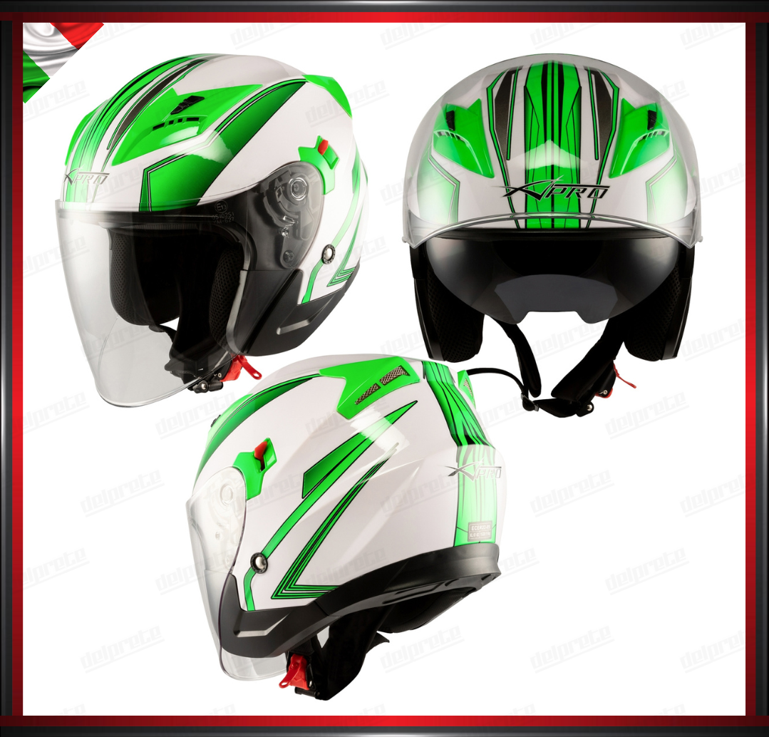 CASCO JET MOTO SCOOTER DOPPIA VISIERA BIANCO E VERDE LUCIDO OMOLOGATO ECE 22-05
