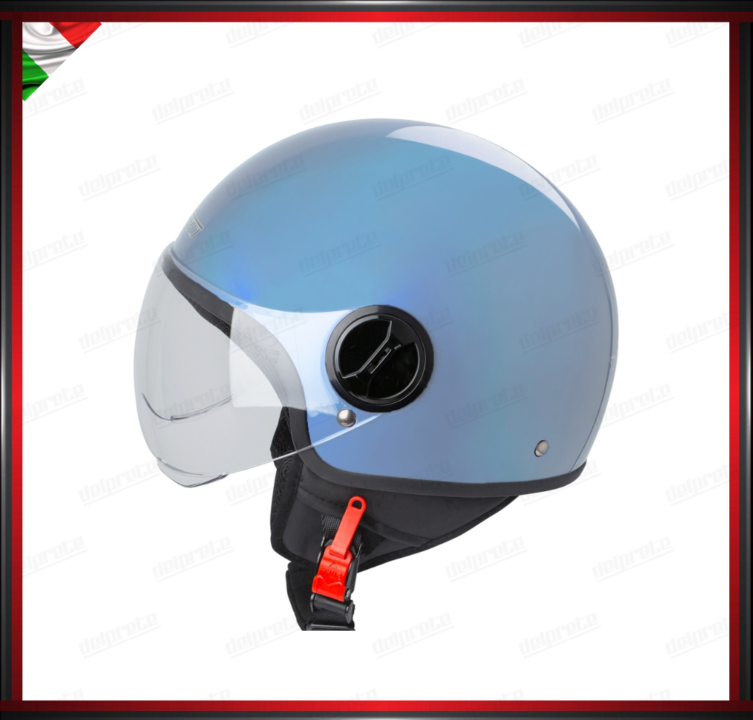 CASCO JET CITY MOTO SCOOTER AZZURRO VISIERA SAGOMATA OMOLOGATO ECE 22-05
