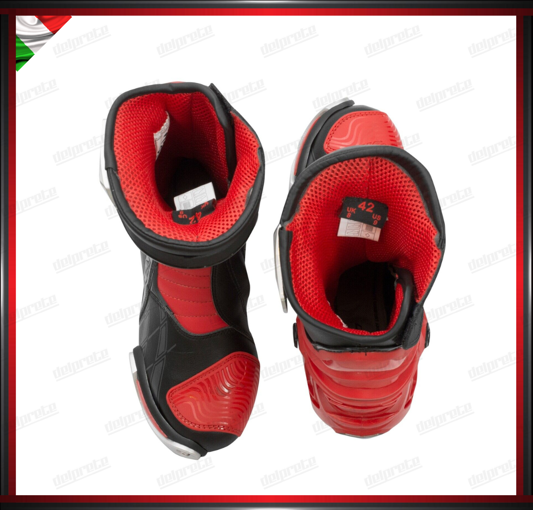 STIVALI MOTO NERO ROSSO TOURING ENDURO CERTIFICATO CE PROTEZIONI OMOLOGATE TIBIA TALLONE CAVIGLIA