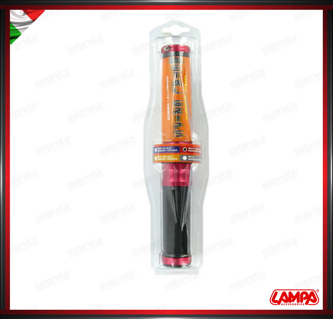 METAL GRIPS COPPIA MANOPOLE MOTO SCOOTER FINITURE IN ALLUMINIO ROSSO ANODIZZATO LAMPA UNVERSALI