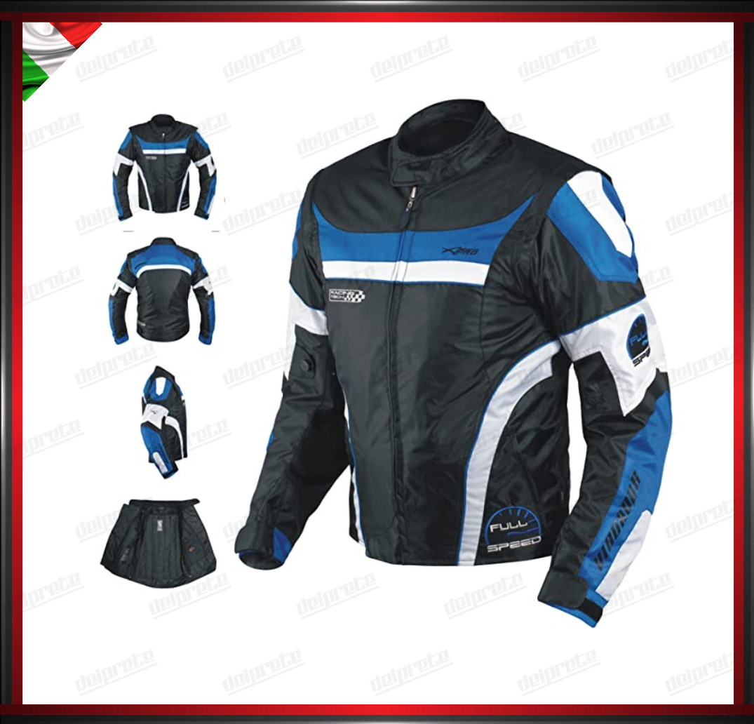 GIACCA MOTO BLU IN TESSUTO MANICA STACCABILE PROTEZIONI CE INTERNO SFODERABILE