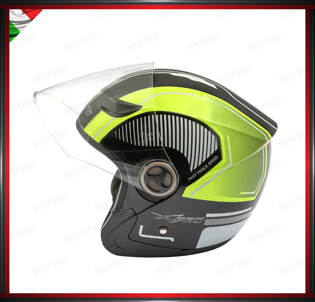 CASCO JET CITY MOTO SCOOTER CON VISIERA FLUO GRAFICA OMOLOGATO ECE 22-05
