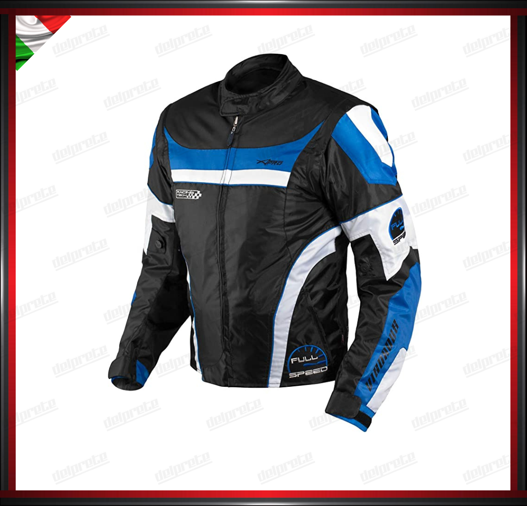 GIACCA MOTO BLU IN TESSUTO MANICA STACCABILE PROTEZIONI CE INTERNO SFODERABILE