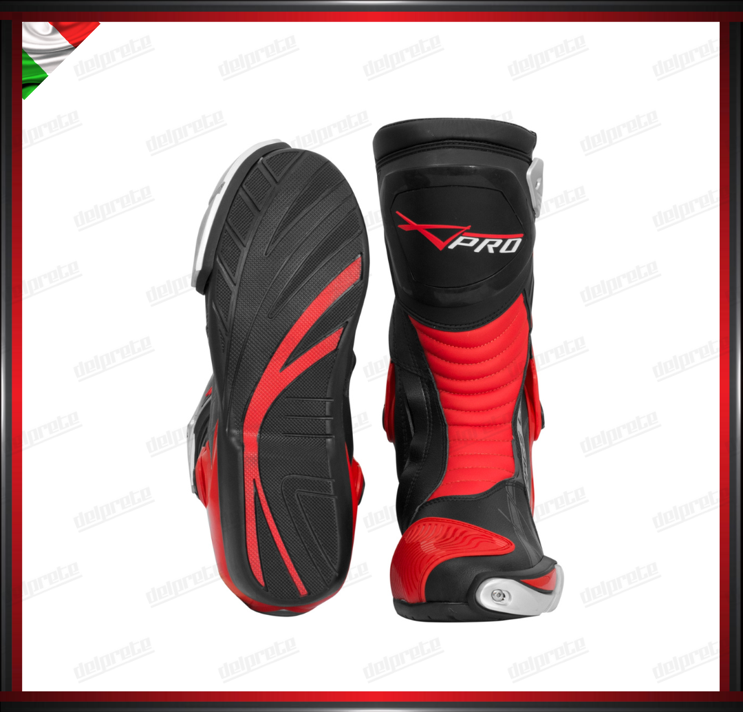 STIVALI MOTO NERO ROSSO TOURING ENDURO CERTIFICATO CE PROTEZIONI OMOLOGATE TIBIA TALLONE CAVIGLIA