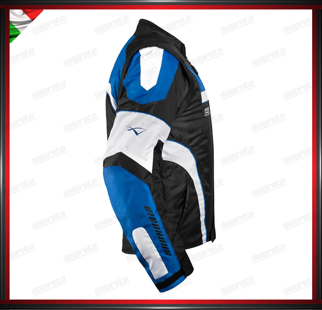 GIACCA MOTO BLU IN TESSUTO MANICA STACCABILE PROTEZIONI CE INTERNO SFODERABILE