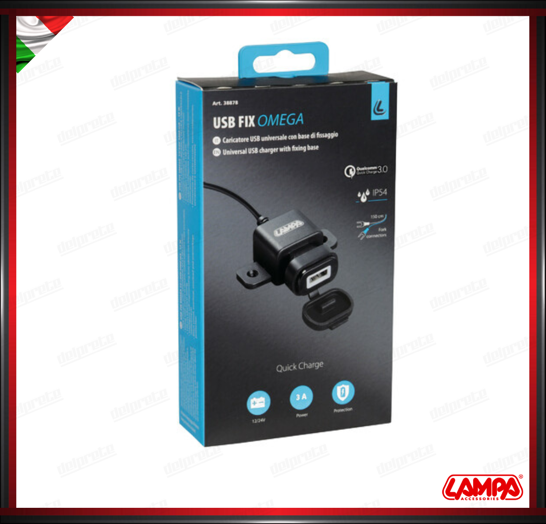 USB FIX OMEGA LAMPA CARICATORE USB MOTO FISSAGGIO CON VITI - 3000 MA 12/24V