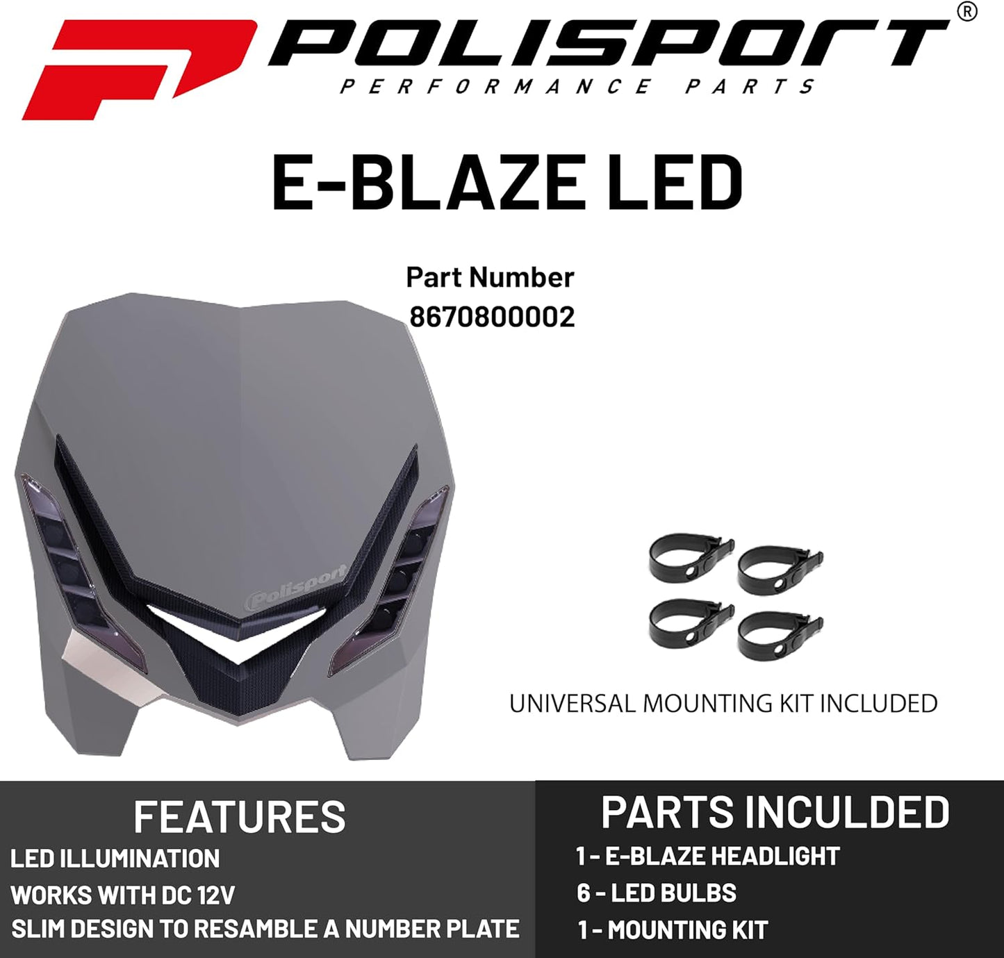 POLISPORT - FARO E-BLAZE LED MASCHERINA IN CARBONIO CROSS ENDURO GRIGIO NARDO