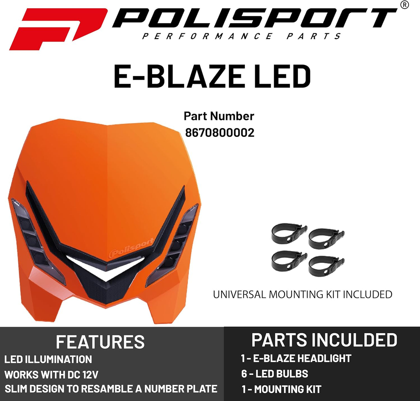 POLISPORT - FARO E-BLAZE LED MASCHERINA IN CARBONIO CROSS ENDURO ARANCIONE