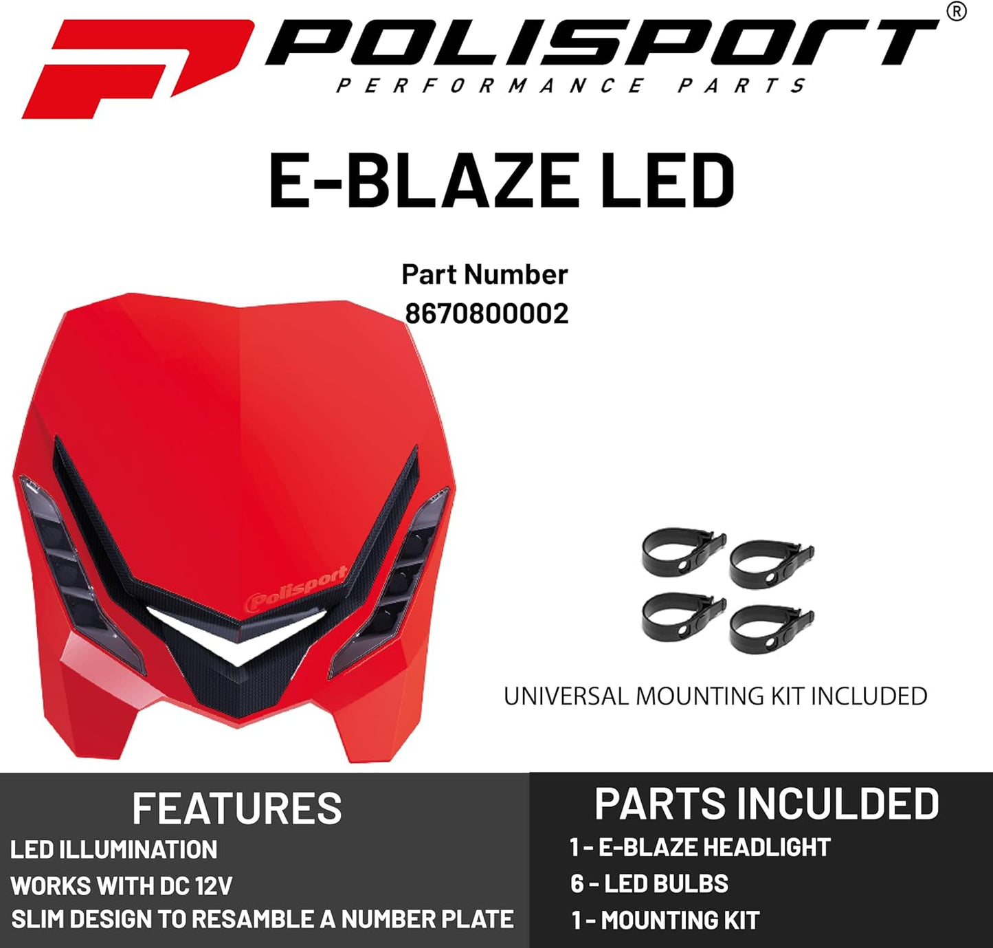 POLISPORT - FARO E-BLAZE LED MASCHERINA IN CARBONIO CROSS ENDURO ROSSO