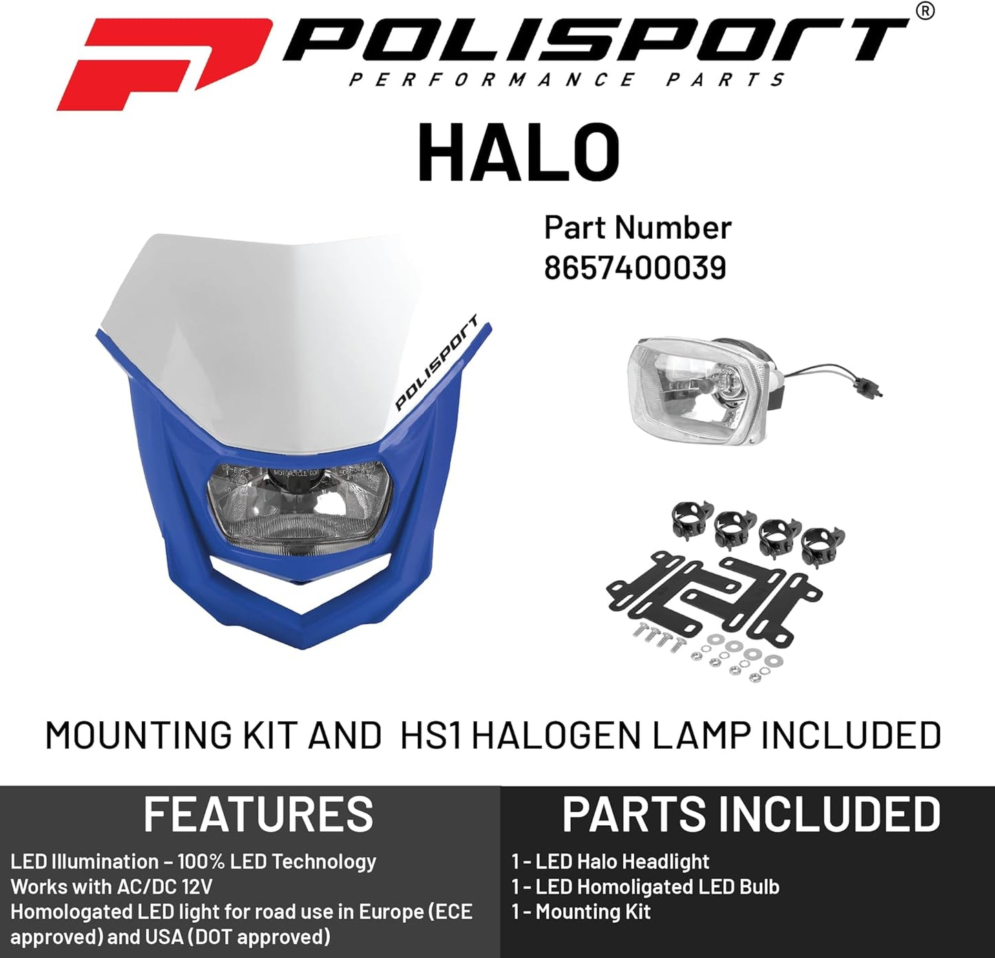 POLISPORT - FARO E MASCHERINA COMPLETO ALOGENA HALO ECE CROSS ENDURO BLU