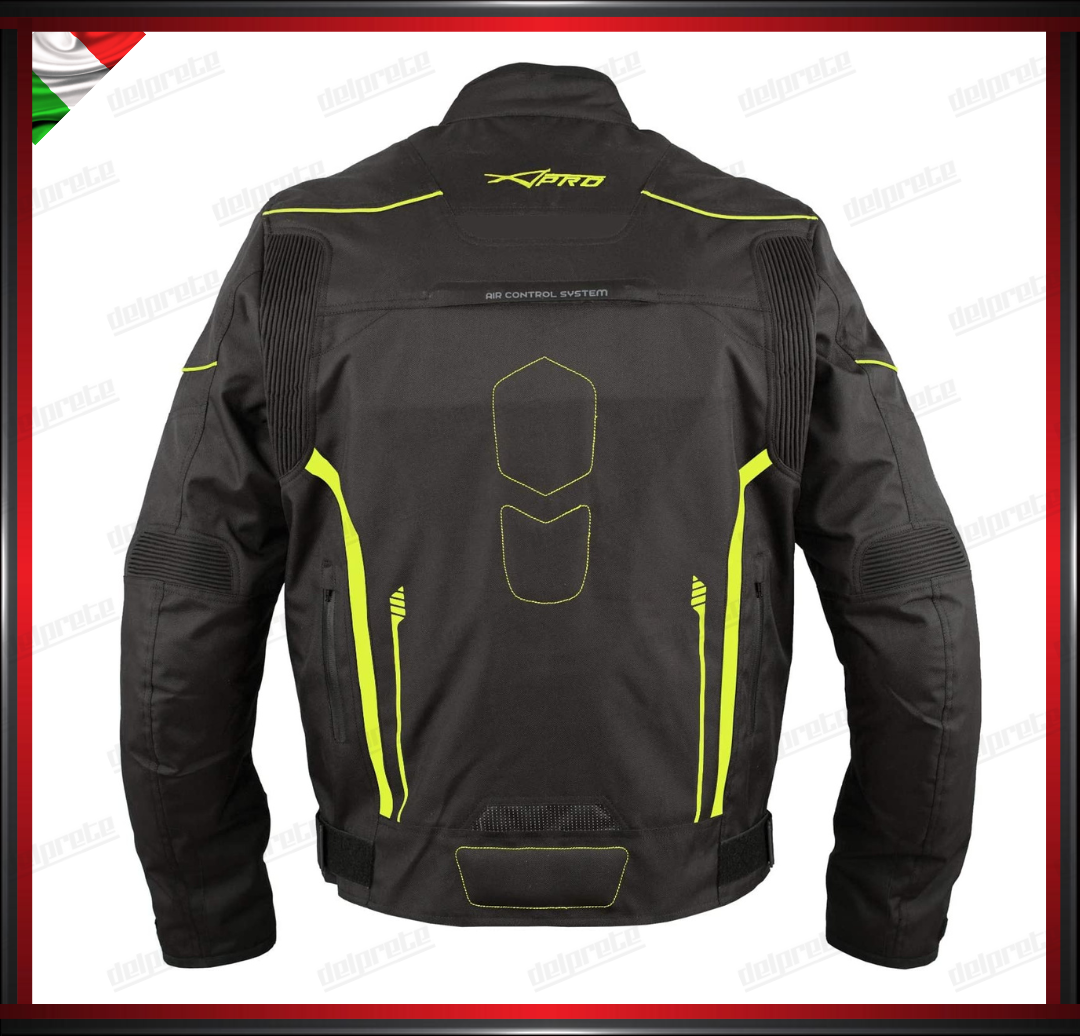 GIACCA MOTO FLUO IN TESSUTO PROTEZIONI OMOLOGATE CE RIFLETTENTE IMPERMEABILE E RESPIRANTE