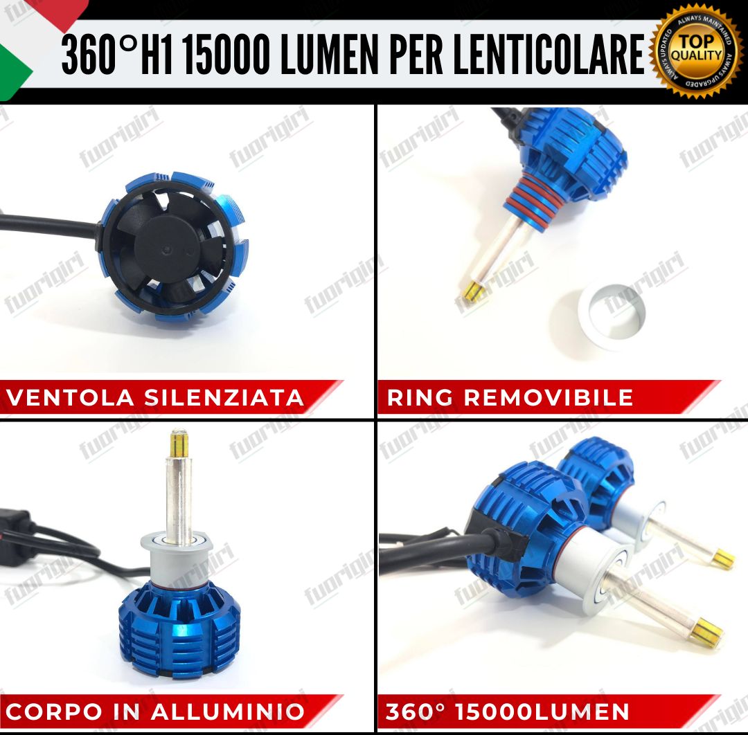 KIT FULL LED ANABBAGLIANTI H1 360° GRADI 15000L CANBUS SPECIFICO PER FARI LENTICOLARI BIANCO