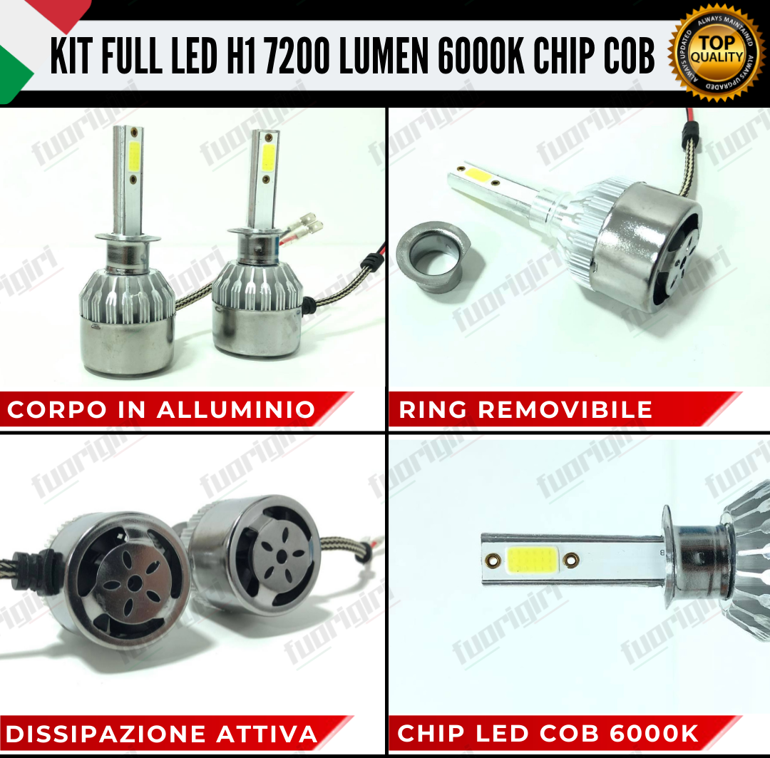 KIT FULL LED H1 CANBUS 7200 LUMEN REALI 6000K BIANCO NESSUN ERRORE AUTO