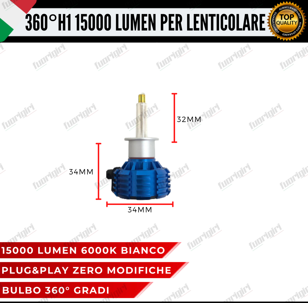 KIT FULL LED ANABBAGLIANTI H1 360° GRADI 15000L CANBUS SPECIFICO PER FARI LENTICOLARI BIANCO