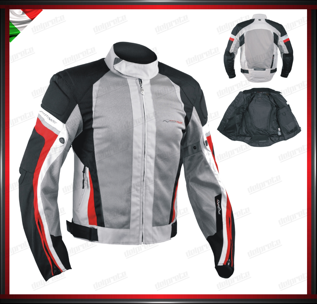 GIACCA MOTO GRIGIO INSERTI ROSSI IN TESSUTO MESH ESTIVA TRASPIRANTE PROTEZIONI OMOLOGATE CE