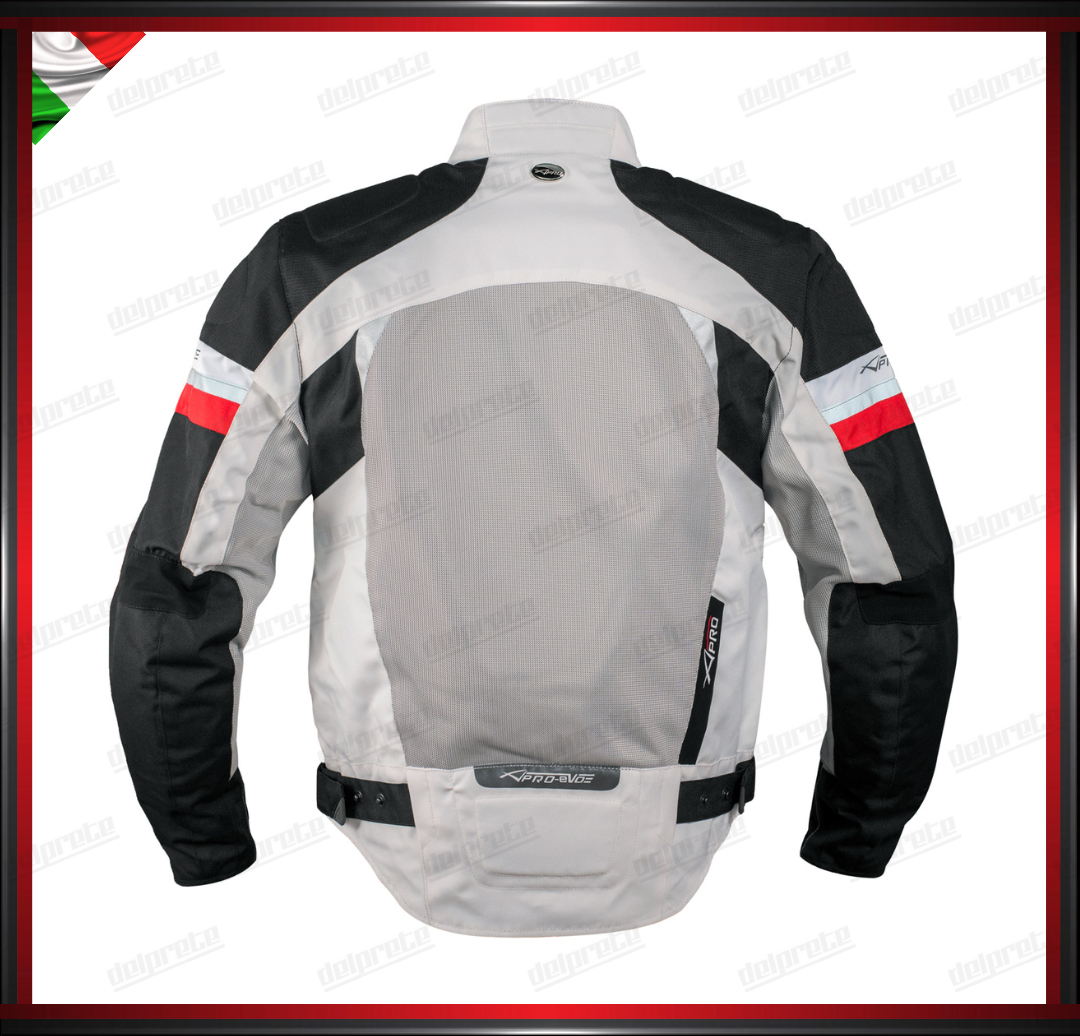 GIACCA MOTO GRIGIO INSERTI ROSSI IN TESSUTO MESH ESTIVA TRASPIRANTE PROTEZIONI OMOLOGATE CE