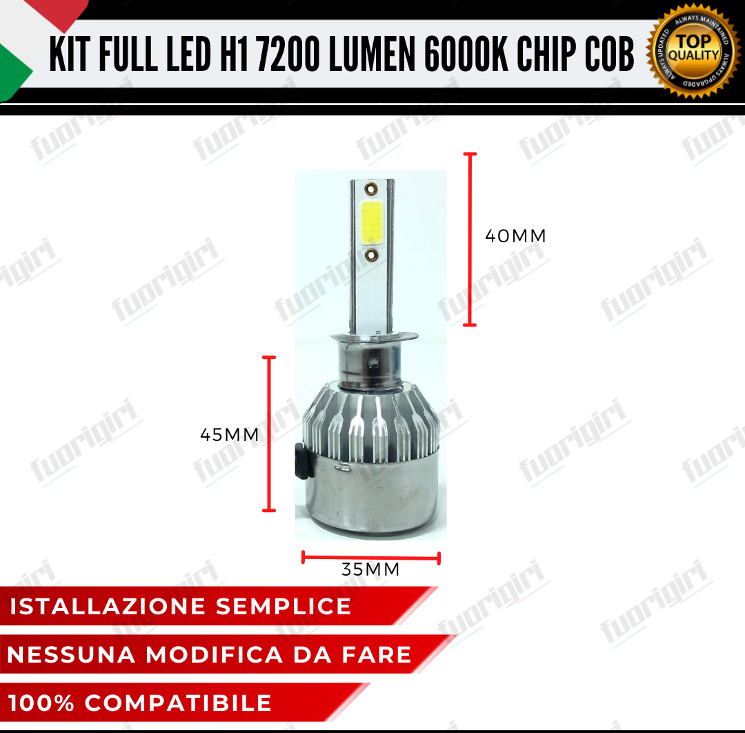 KIT FULL LED H1 CANBUS 7200 LUMEN REALI 6000K BIANCO NESSUN ERRORE AUTO