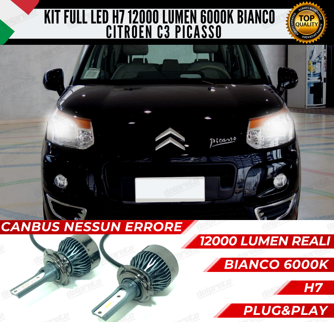 KIT FULL LED CITROEN C3 PICASSO H7 ANABBAGLIANTI 6000K BIANCO 12000 LUMEN CANBUS