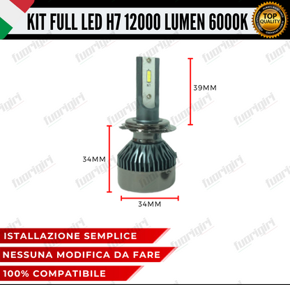 KIT FULL LED H7 12000 LUMEN CANBUS 6000K BIANCO PER FARI A PARABOLA 100% NOERROR