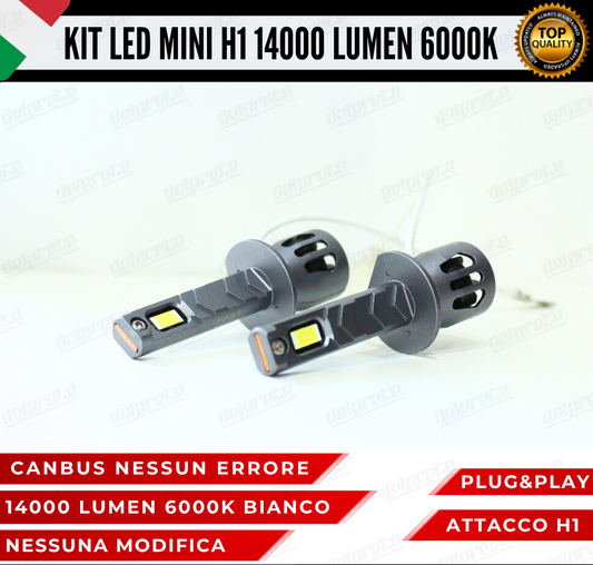 KIT FULL LED LAMPADE H1 MINI BIANCO 6000K 14000 LUMEN CANBUS NO ERRORE