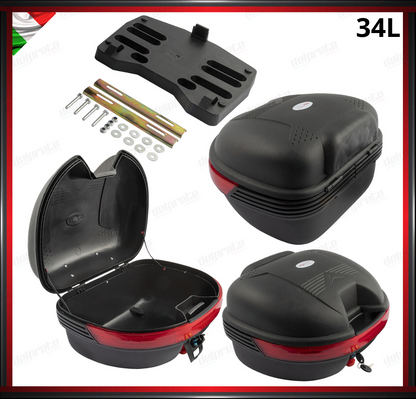 BAULETTO RIGIDO 34 LITRI SCOOTER MOTO NERO TOP CASE UNIVERSALE CON PIASTRA SGANCIO RAPIDO