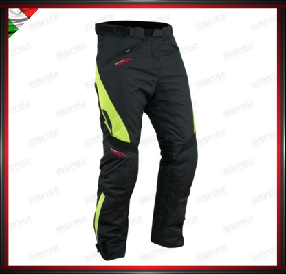 PANTALONI MOTO FLUO IN TESSUTO CORDURA IMPERMEABILI TERMICA ESTRAIBILE PROTEZIONI OMOLOGATE CE