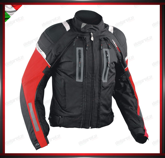 GIACCA MOTO IN TESSUTO ROSSO CORDURA MESH 4 STAGIONI IMPERMEABILI PROTEZIONI OMOLOGATE CE