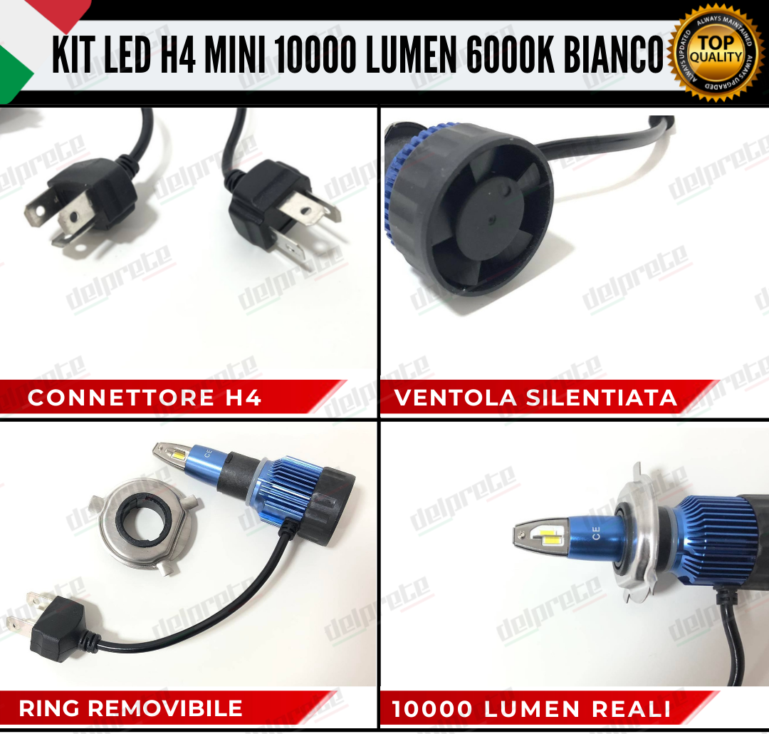 KIT FULL LED LAMPADE LED H4 MINI NO ERROR 6000K BIANCO 10000 LUMEN LM CANBUS