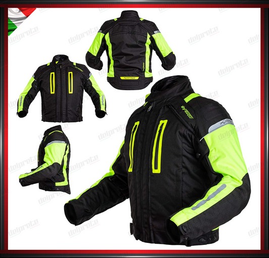 GIACCA MOTO IN TESSUTO FLUO CORDURA MESH 4 STAGIONI IMPERMEABILI PROTEZIONI OMOLOGATE CE