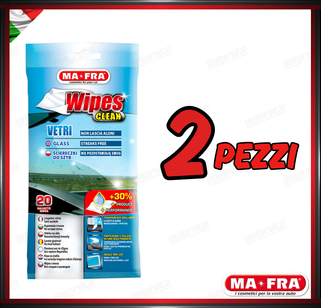 MAFRA - 20PZ WIPES CLEAN SALVIETTE PER VETRI AUTO PANNI MONOUSO PER VETRI SCHERMI