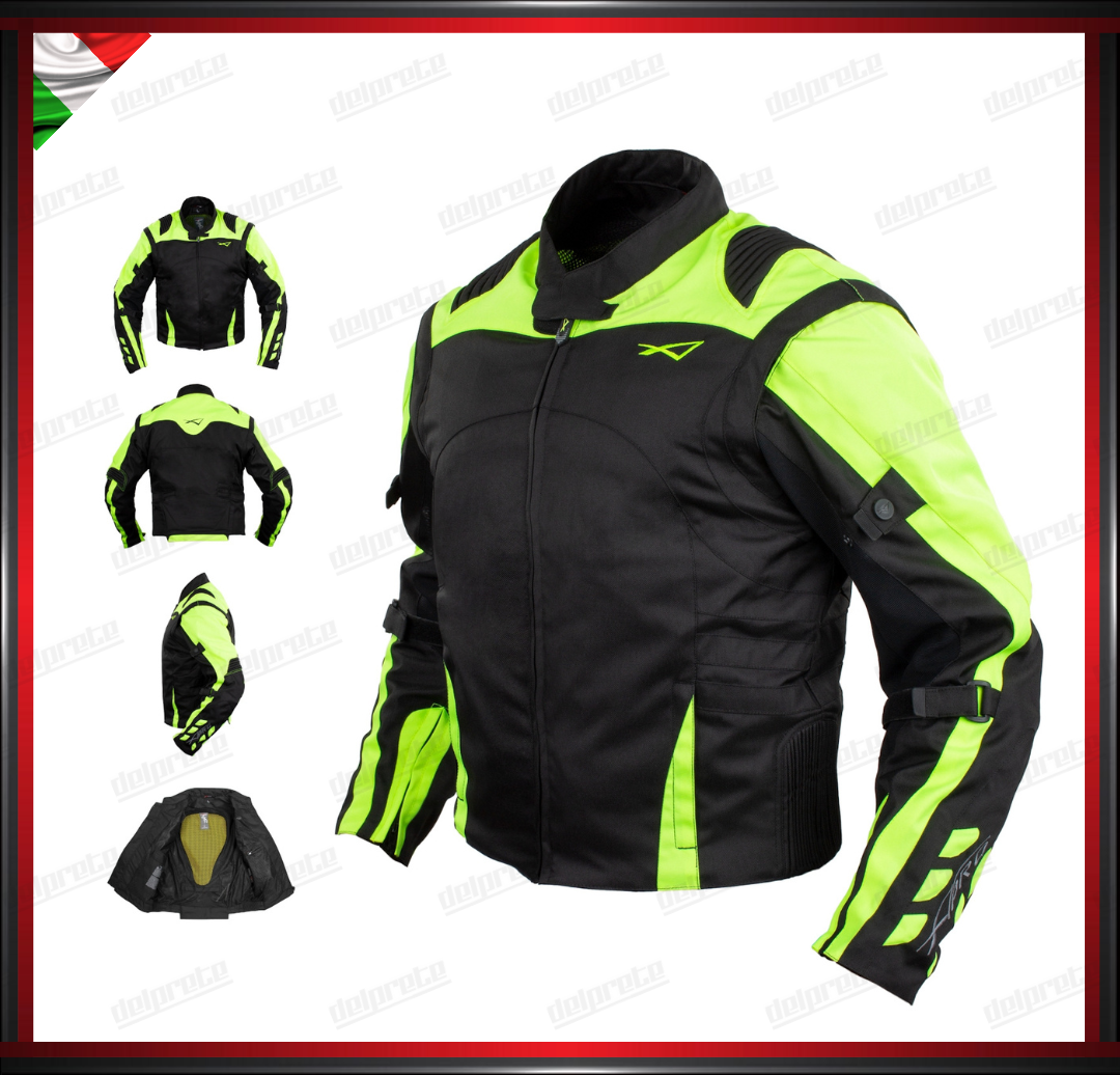 GIACCA MOTO IN TESSUTO FLUO CORDURA MANICA STACCABILE PROTEZIONI OMOLOGATE CE