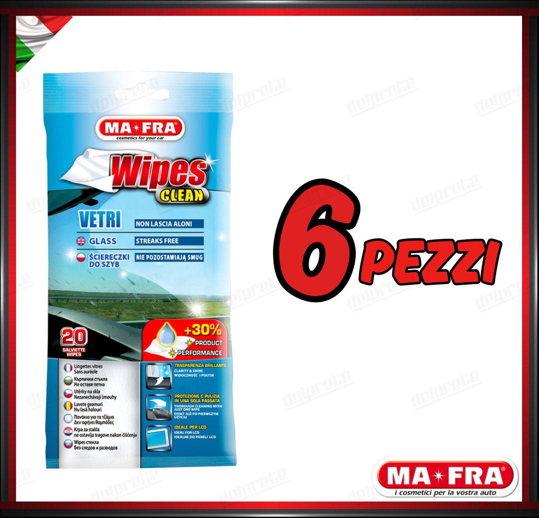 MAFRA - 20PZ WIPES CLEAN SALVIETTE PER VETRI AUTO PANNI MONOUSO PER VETRI SCHERMI